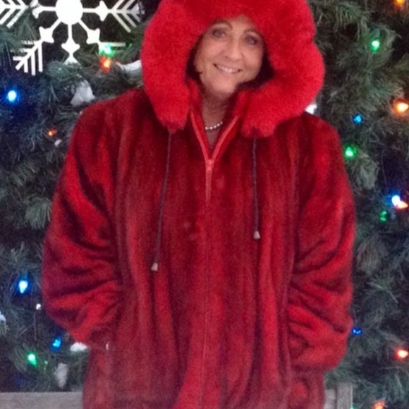 Custom made red mink with fox trimmed hood. - Picture 3 of 15